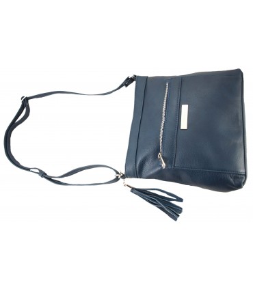 Skórzana  torebka Vera Pelle listonoszka z kieszenią i frędzlem GRANATOWA