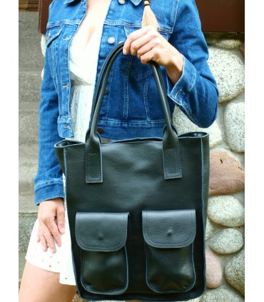 Skórzana Torebka Shopper z 2 kieszeniami Vera Pelle GRANATOWA