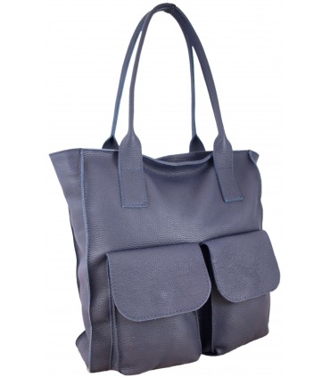 Skórzana Torebka Shopper z 2 kieszeniami Vera Pelle GRANATOWA