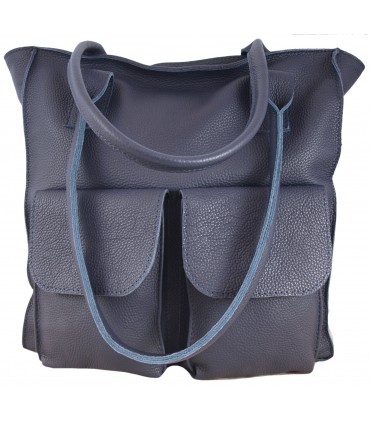 Skórzana Torebka Shopper z 2 kieszeniami Vera Pelle GRANATOWA