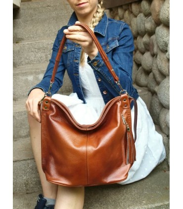 Brown, Cognac leather handbag / bag / crossbody bag with a fringe and a wallet