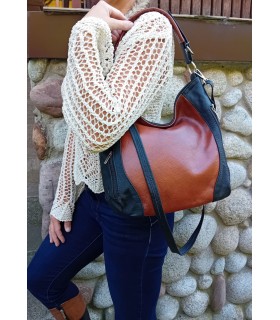 Leather Cognac  and black crossbody bag with zippers