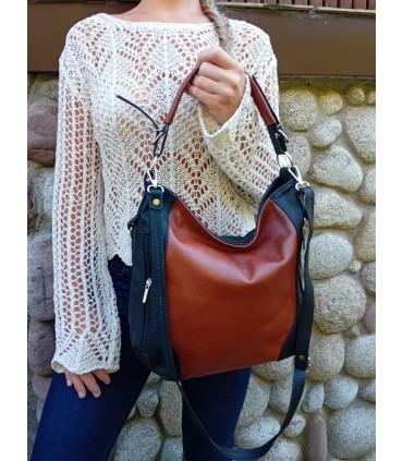 Skórzana brązowo-czarna torebka listonoszka z zamkami