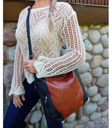 Skórzana brązowo-czarna torebka listonoszka z zamkami