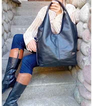 Skórzana Torebka Shopper Listonoszka Skóra Naturalna Model 2w1 Czarna