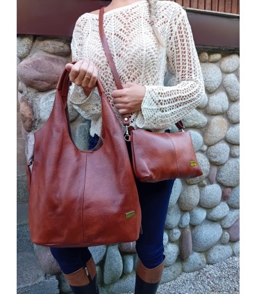 Skórzana Torebka Shopper Listonoszka Skóra Naturalna Model 2w1 Brązowo-ruda/KASZTAN