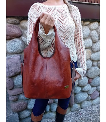 Skórzana Torebka Shopper Listonoszka Skóra Naturalna Model 2w1 Brązowo-ruda/KASZTAN