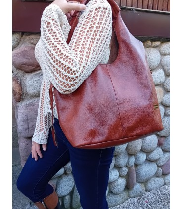 Skórzana Torebka Shopper Listonoszka Skóra Naturalna Model 2w1 Brązowo-ruda/KASZTAN