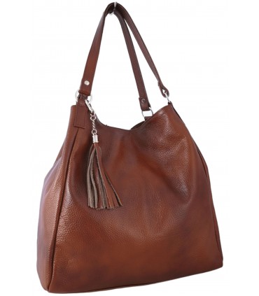 Torebka Skórzana Shopper Aktówka Worek z frędzlem Vera Pelle Model 2w1 BRĄZOWO-RUDA