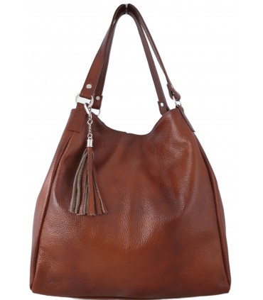 Torebka Skórzana Shopper Aktówka Worek z frędzlem Vera Pelle Model 2w1 BRĄZOWO-RUDA