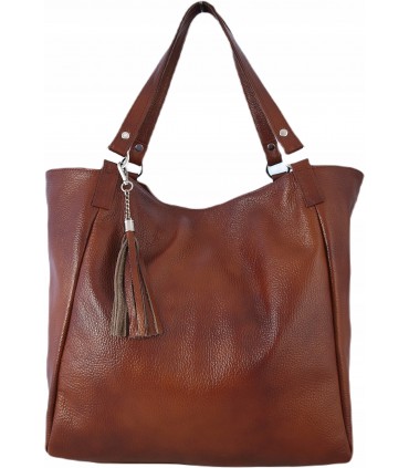 Torebka Skórzana Shopper Aktówka Worek z frędzlem Vera Pelle Model 2w1 BRĄZOWO-RUDA