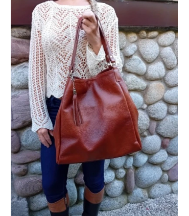 Torebka Skórzana Shopper Aktówka Worek z frędzlem Vera Pelle Model 2w1 BRĄZOWO-RUDA