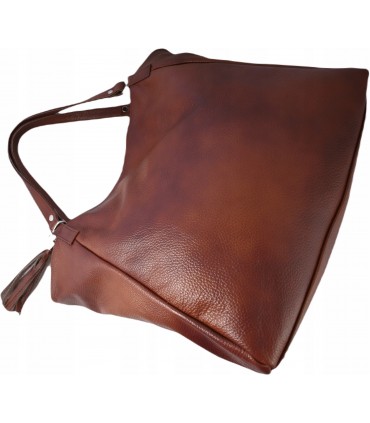 Torebka Skórzana Shopper Aktówka Worek z frędzlem Vera Pelle Model 2w1 BRĄZOWO-RUDA