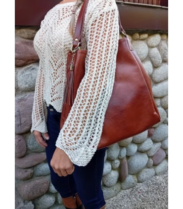 Torebka Skórzana Shopper Aktówka Worek z frędzlem Vera Pelle Model 2w1 BRĄZOWO-RUDA