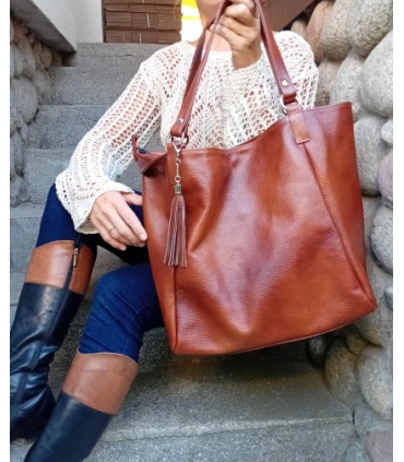 Torebka Skórzana Shopper Aktówka Worek z frędzlem Vera Pelle Model 2w1 BRĄZOWO-RUDA