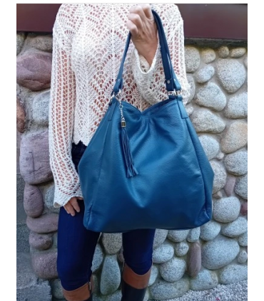 Torebka Skórzana Shopper Aktówka Worek z frędzlem Vera Pelle Model 2w1 INDYGO