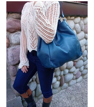 Torebka Skórzana Shopper Aktówka Worek z frędzlem Vera Pelle Model 2w1 INDYGO