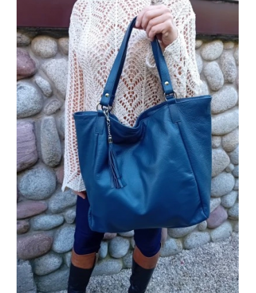 Torebka Skórzana Shopper Aktówka Worek z frędzlem Vera Pelle Model 2w1 INDYGO