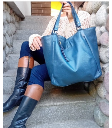 Torebka Skórzana Shopper Aktówka Worek z frędzlem Vera Pelle Model 2w1 INDYGO