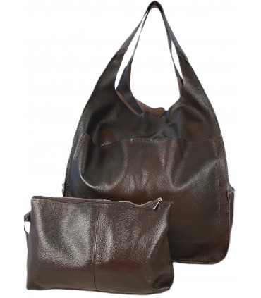 Skórzana Torebka Worek Model SKÓRA NATURALNA 2w1 z kosmetyczką CZEKOLADA