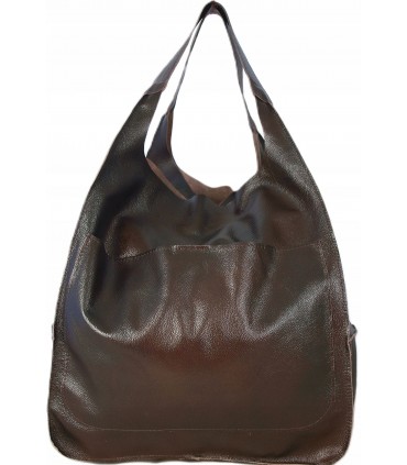 Skórzana Torebka Worek Model SKÓRA NATURALNA 2w1 z kosmetyczką CZEKOLADA