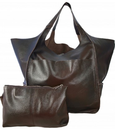 Skórzana Torebka Worek Model SKÓRA NATURALNA 2w1 z kosmetyczką CZEKOLADA