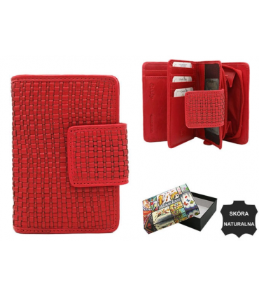 Skórzany Portfel Vintage czerwony SKÓRA NATURALNA Pleciona skóra