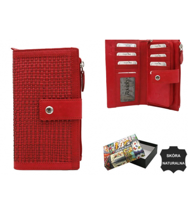 Skórzany Portfel Vintage czerwony SKÓRA NATURALNA Pleciona skóra