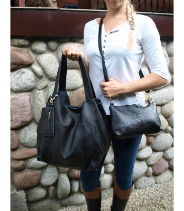 Skórzana  Torebka Worek Listonoszka 2w1 z kosmetyczką CZEKOLADA