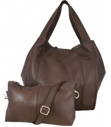 Skórzana  Torebka Worek Listonoszka 2w1 z kosmetyczką CZEKOLADA