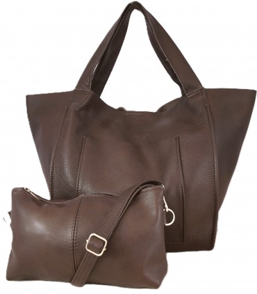 Skórzana  Torebka Worek Listonoszka 2w1 z kosmetyczką CZEKOLADA