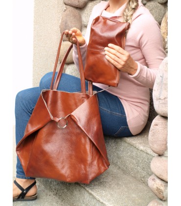 copy of Leather Cognac 2in1 bag with a cosmetic bag,oversize handbag