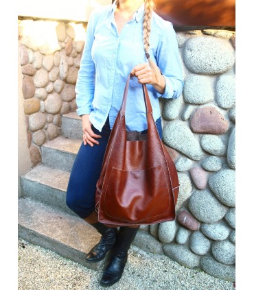 copy of Leather tote Bag, Leather cognac oversized handbag, 2-in-1 model with a cosmetic bag