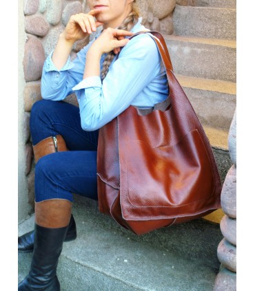 copy of Leather tote Bag, Leather cognac oversized handbag, 2-in-1 model with a cosmetic bag