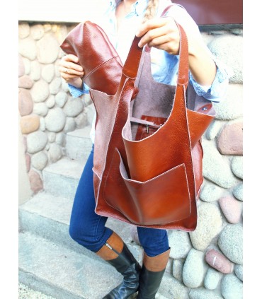 copy of Leather tote Bag, Leather cognac oversized handbag, 2-in-1 model with a cosmetic bag