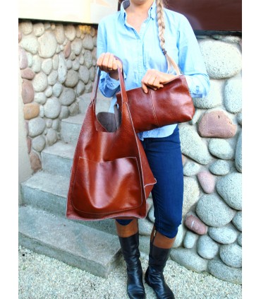 copy of Leather tote Bag, Leather cognac oversized handbag, 2-in-1 model with a cosmetic bag