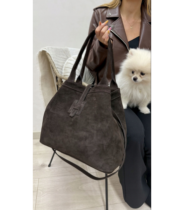 Torebka Włoska CZEKOLADOWA shopper SKÓRA ZAMSZ NATURALNY Vera Pelle+pasek