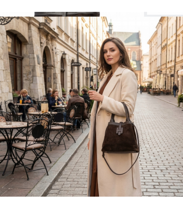 Torebka Włoska CZEKOLADOWA shopper SKÓRA ZAMSZ NATURALNY Vera Pelle+pasek