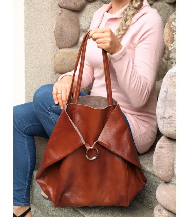 Leather Cognac 2in1 bag with a cosmetic bag,oversize handbag