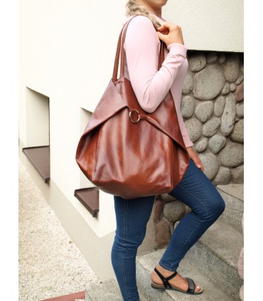 Leather Cognac 2in1 bag with a cosmetic bag,oversize handbag