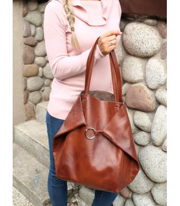 Leather Cognac 2in1 bag with a cosmetic bag,oversize handbag