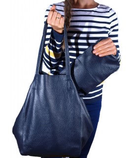 2in1 leather navy blue bag with a cosmetic bag