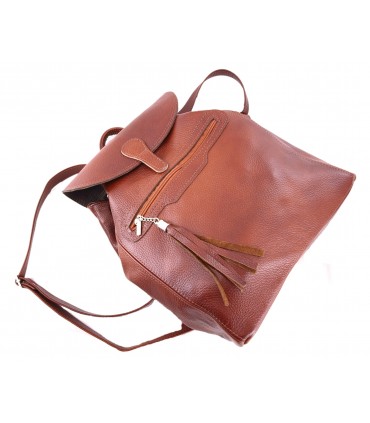 Leather capacious Classic Backpack in a cognac color with a fringe