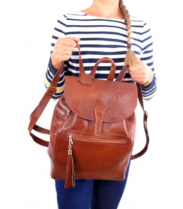 Leather capacious Classic Backpack in a cognac color with a fringe