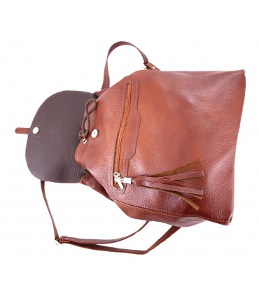 Leather capacious Classic Backpack in a cognac color with a fringe