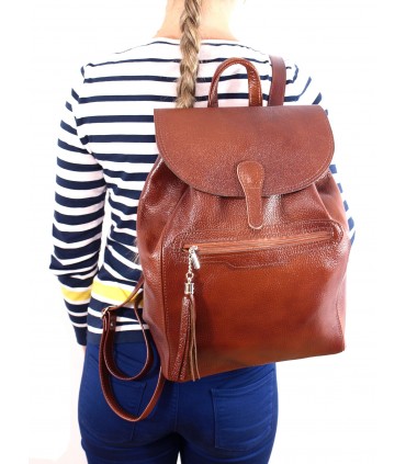 Leather capacious Classic Backpack in a cognac color with a fringe