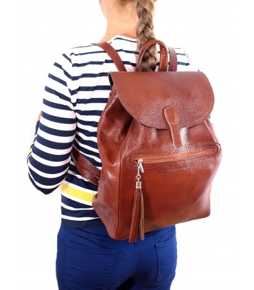 Leather capacious Classic Backpack in a cognac color with a fringe