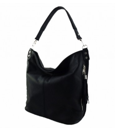 Black leather handbag / bag / crossbody bag with fringe