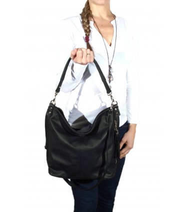 Black leather handbag / bag / crossbody bag with fringe