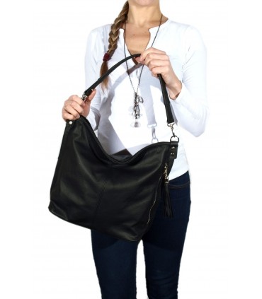 Black leather handbag / bag / crossbody bag with fringe